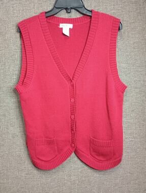Orvis 100% Shetland Wool Button Up Sweater Vest Pocket Red WinterCottage L